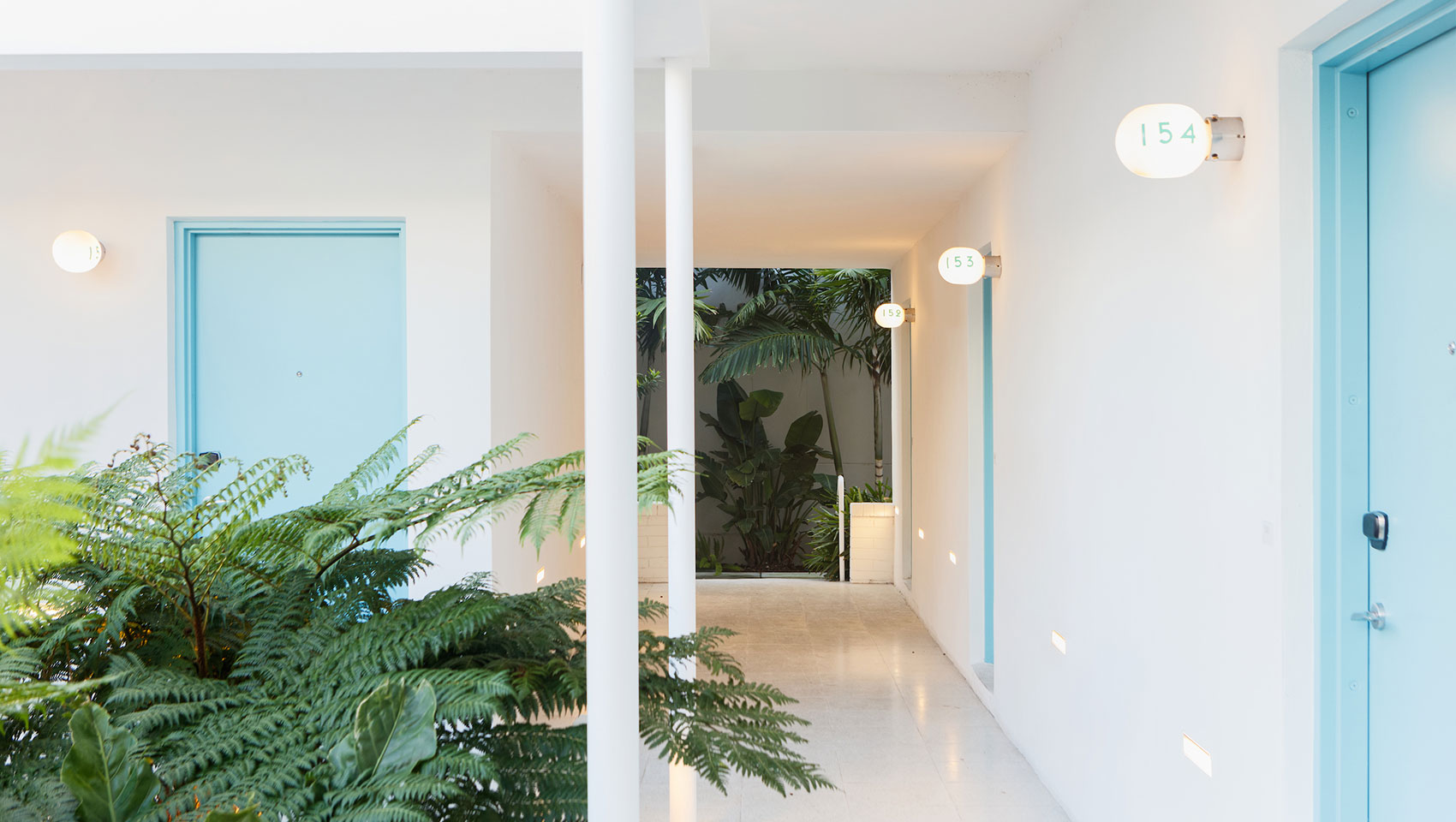 hotel courtyard with lush garden and white walkways